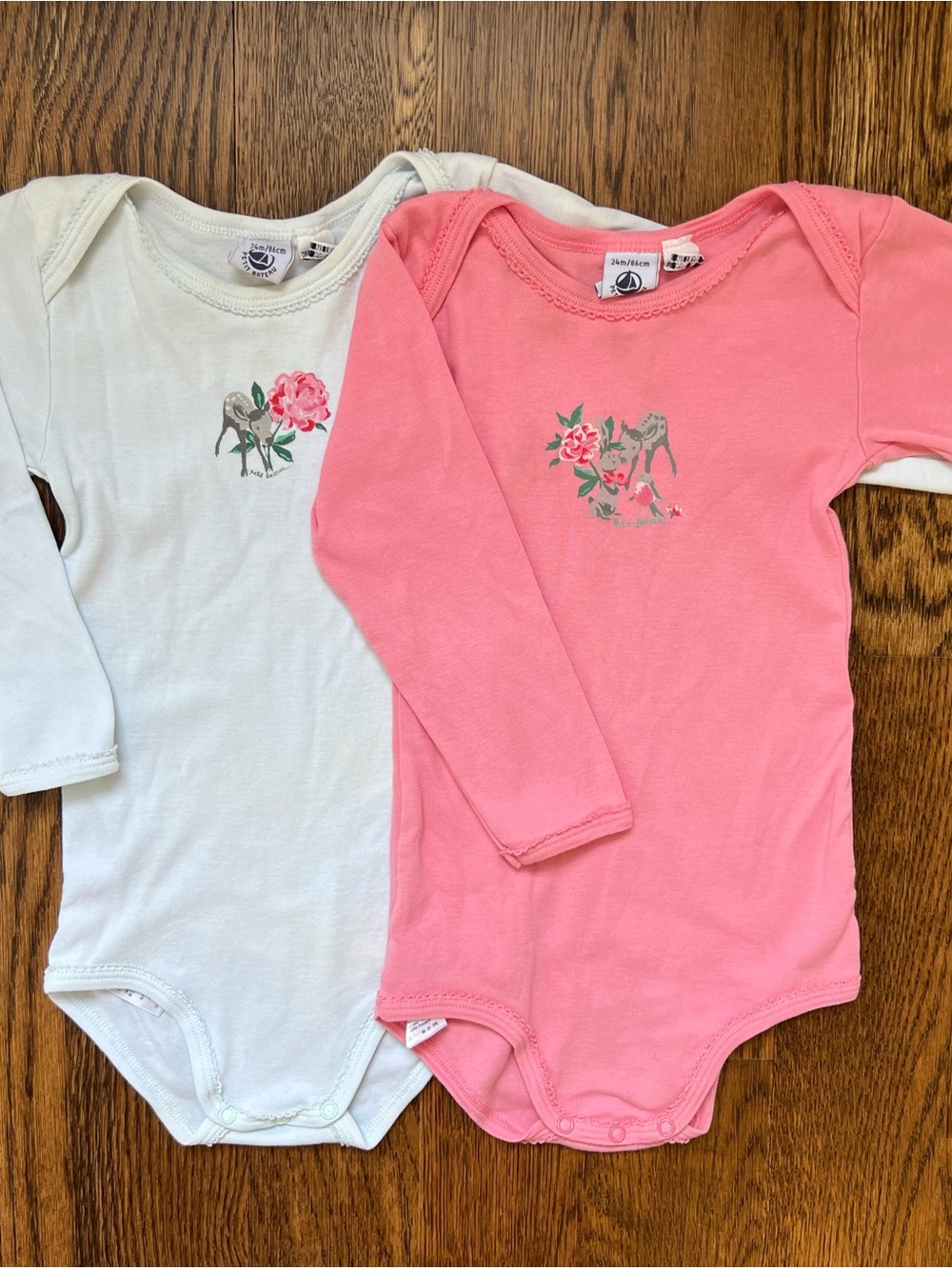 2 Petit Bateau Long-Sleeve Baby One-Piece Bodysuit - Pink / L.Blue w/fawn